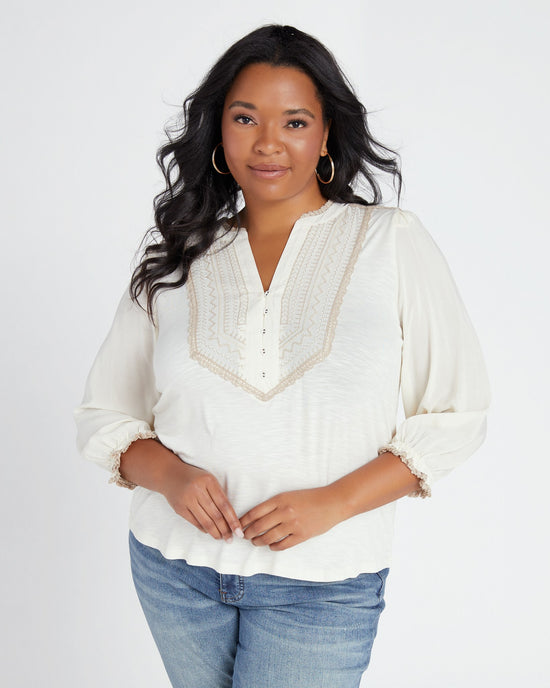 French Vanilla $|& Democracy 3/4 Sleeve Embroidered Yoke Top - SOF Front