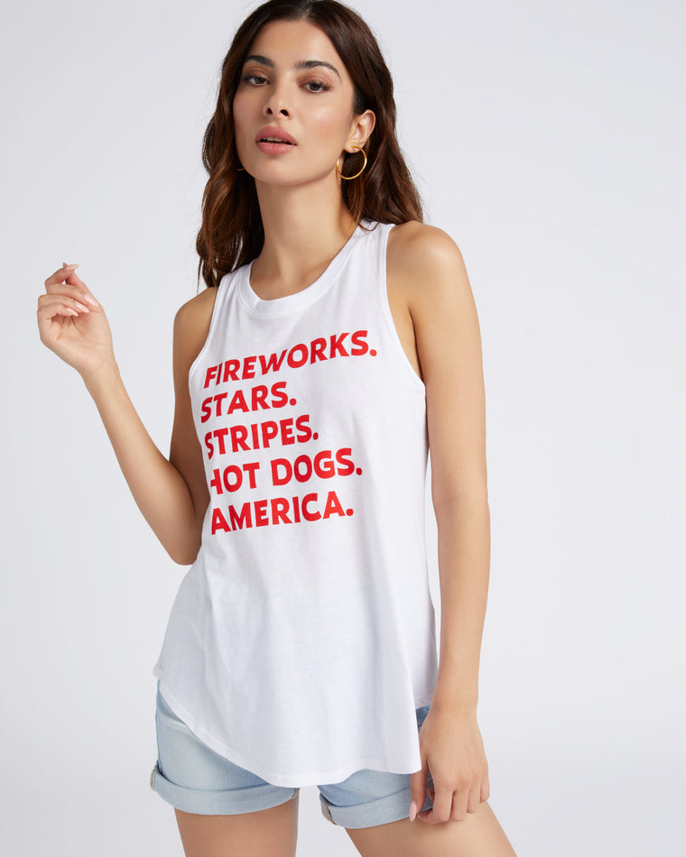 White $|& 78 & Sunny Fireworks List Graphic Tank - SOF Front