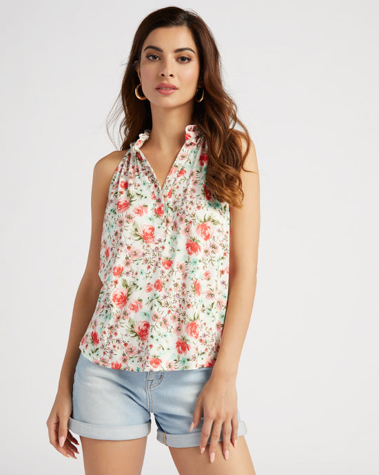 Seafoam Floral $|& Supply + Demand Sleeveless Ruffle Neck Floral Top - SOF Front