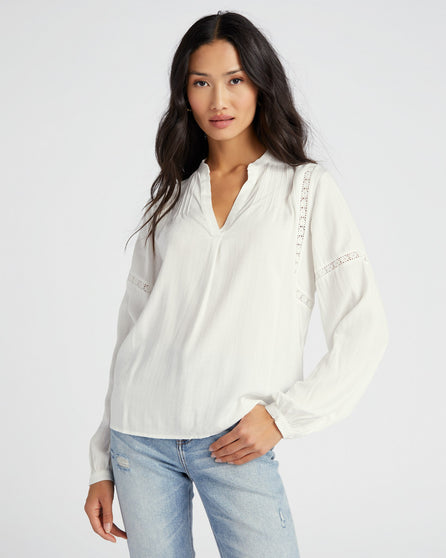 Long Sleeve Lace Inset Sleeve Solid Woven Top
