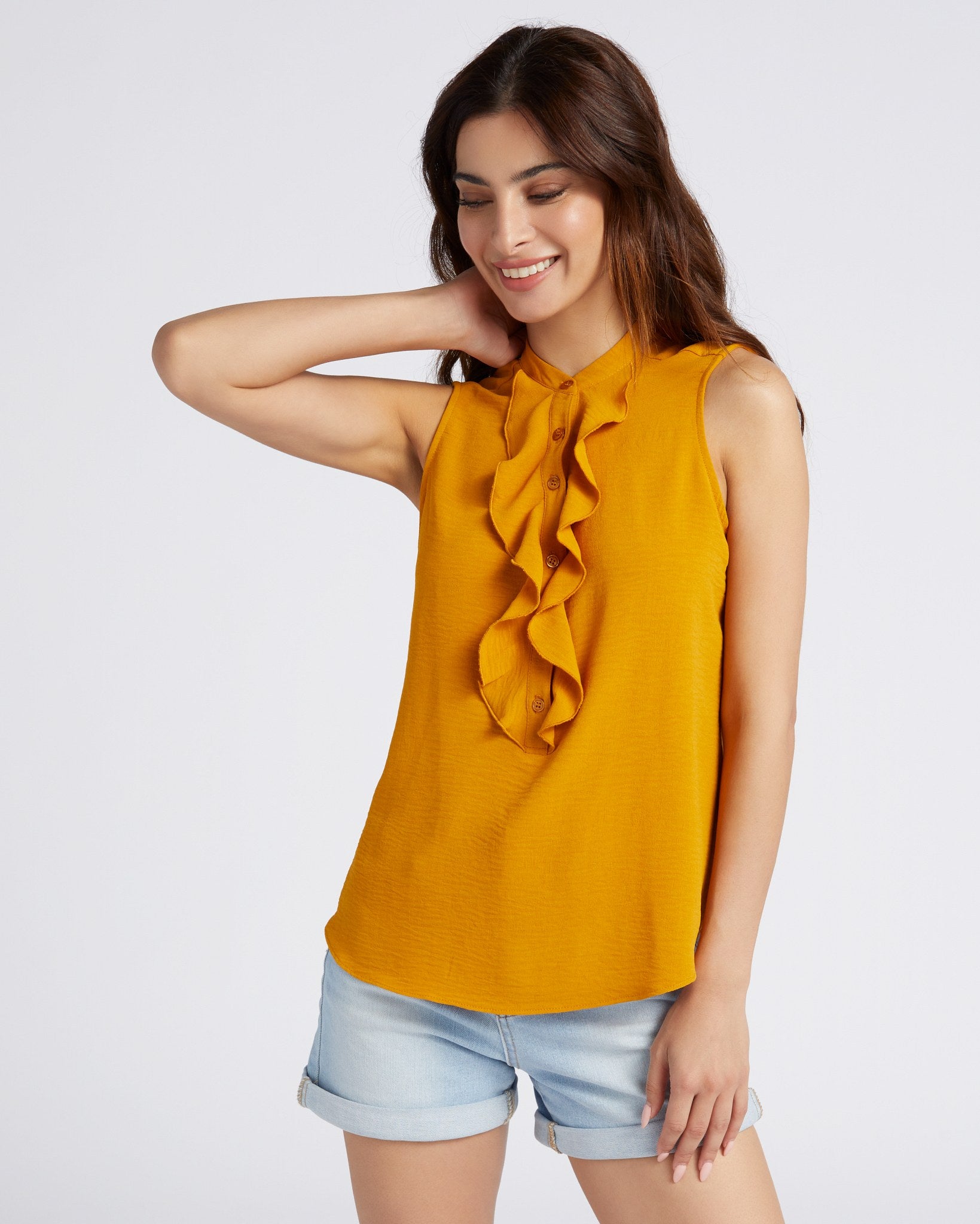 Mustard $|& Supply + Demand Sleeveless Ruffle Top - SOF Front
