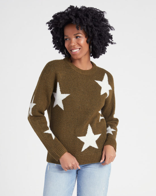 Olive $|& Vigoss Crew Neck Star Print Sweater - SOF Front