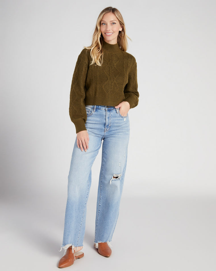 Olive $|& Vigoss Mock Neck Cable Knit Cropped Sweater - SOF Full Front