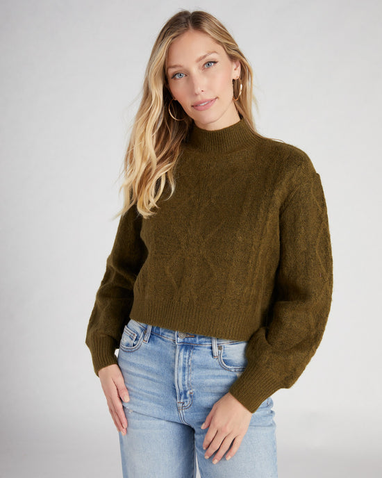 Olive $|& Vigoss Mock Neck Cable Knit Cropped Sweater - SOF Front