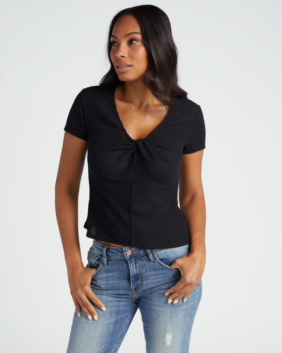 Black $|& Mila Mae Short Sleeve Ribbed Knit Twist V-Neck Solid Top - SOF Front