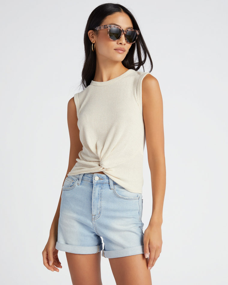 Oatmeal $|& Mila Mae Sleeveless Ribbed Knit Twist Front Solid Top - SOF Front