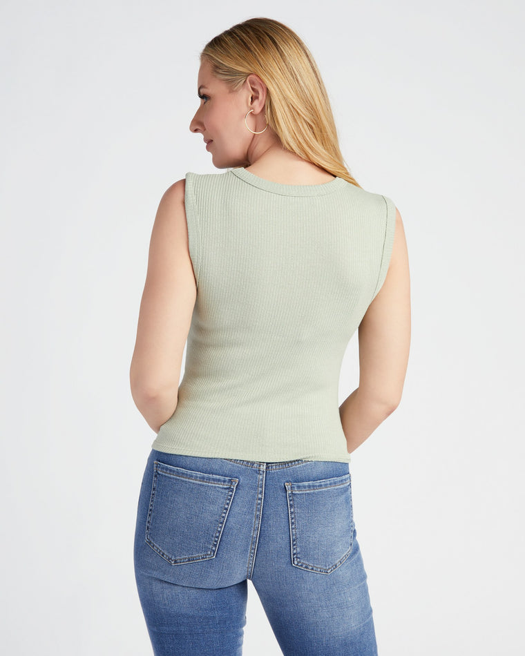 Desert Sage $|& Mila Mae Sleeveless Ribbed Knit Twist Front Solid Top - SOF Back