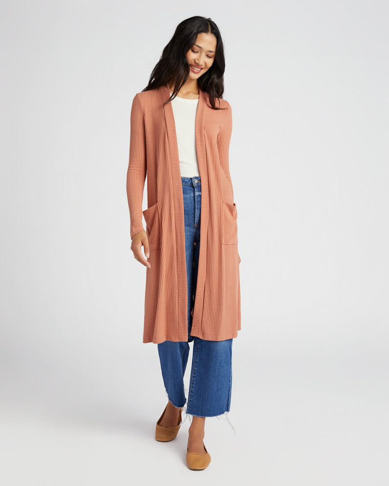Cedar Wood $|& W. by Wantable Midi Ribbed Cardigan with Pockets - SOF Front