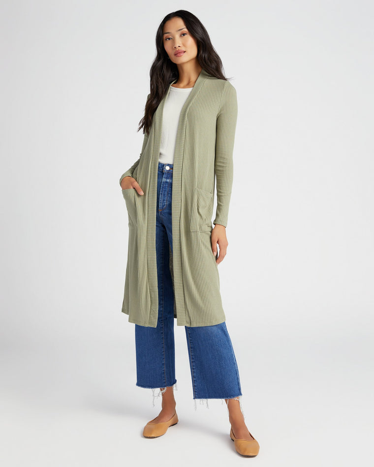 Sage $|& W. by Wantable Midi Ribbed Cardigan with Pockets - SOF Front
