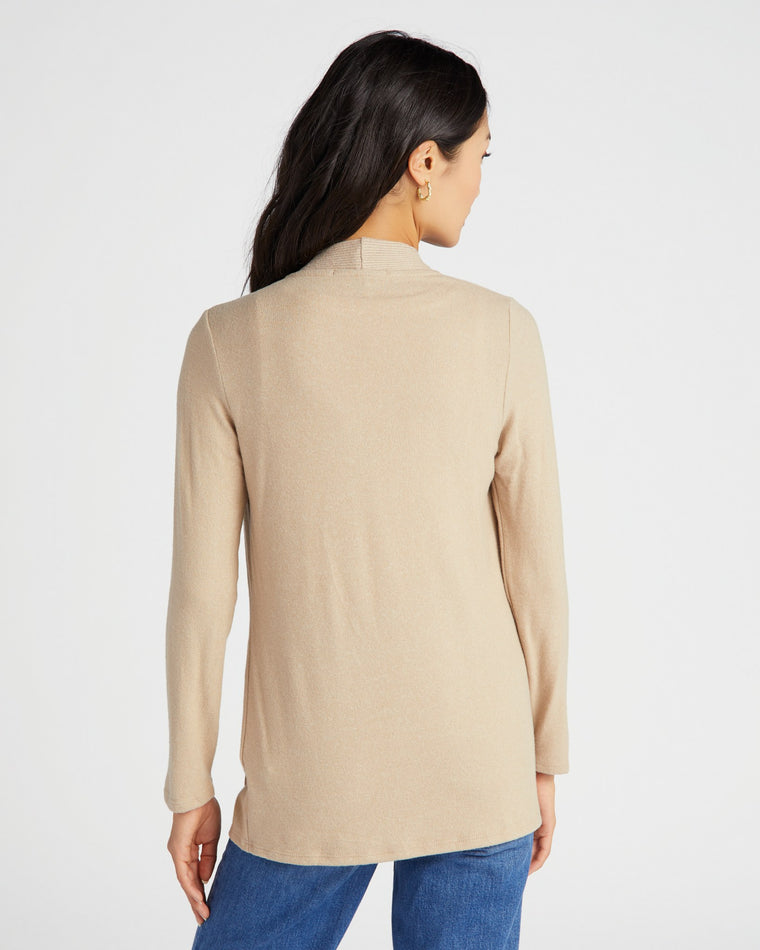 Beige $|& W. by Wantable Brushed Hacci Ribbed Contrast Placket Cardigan - SOF Back