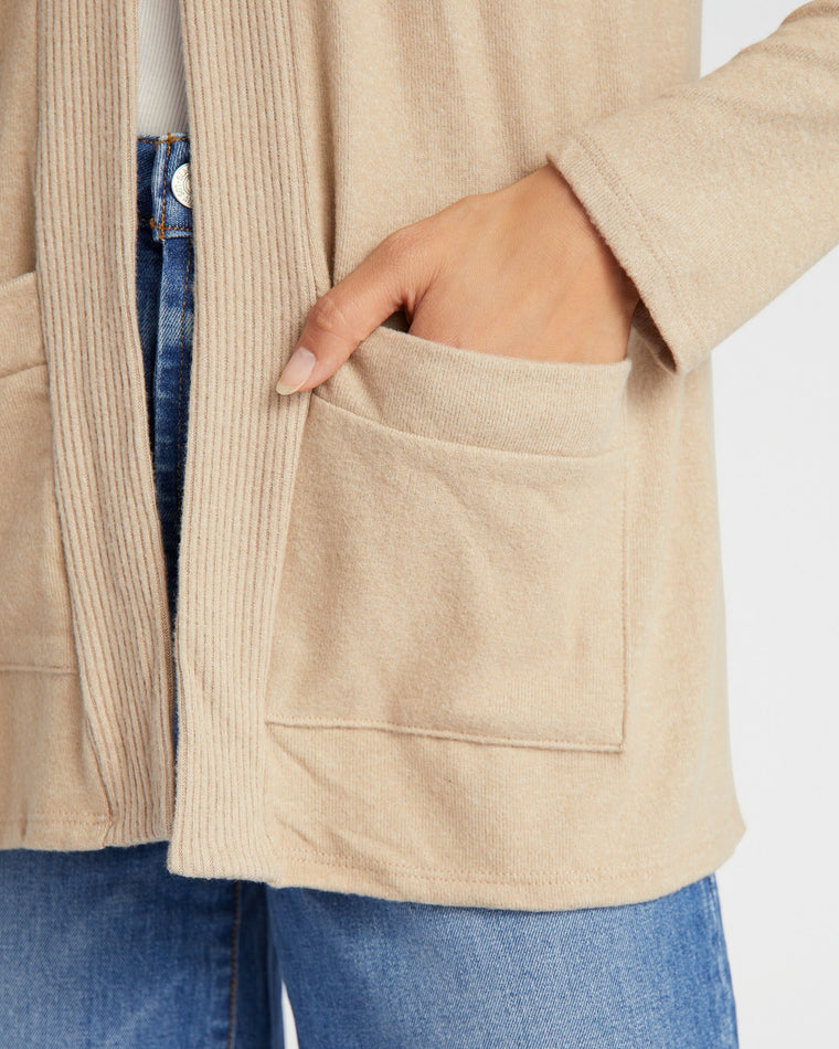 Beige $|& W. by Wantable Brushed Hacci Ribbed Contrast Placket Cardigan - SOF Detail