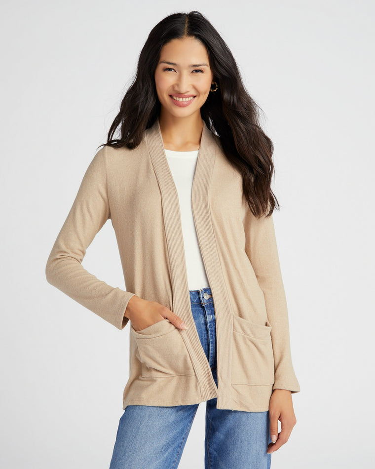 Beige $|& W. by Wantable Brushed Hacci Ribbed Contrast Placket Cardigan - SOF Front