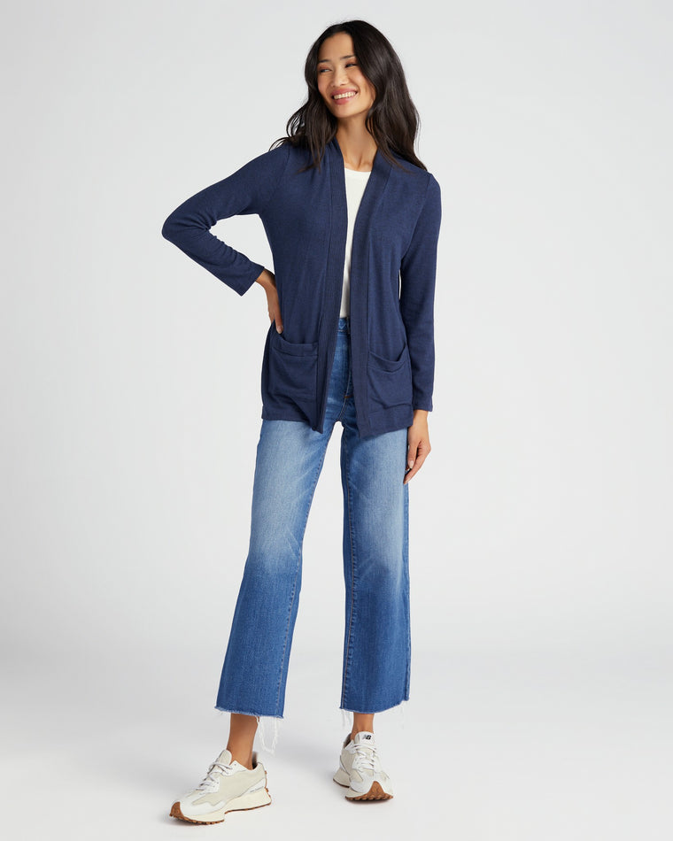 Navy $|& W. by Wantable Brushed Hacci Ribbed Contrast Placket Cardigan - SOF Full Front