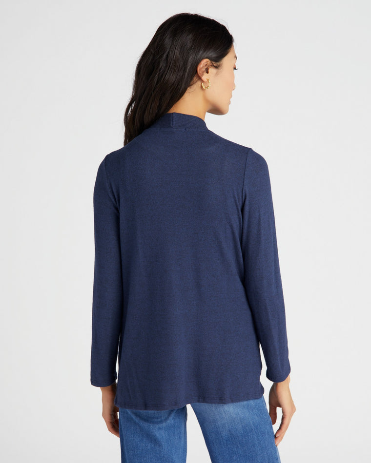 Navy $|& W. by Wantable Brushed Hacci Ribbed Contrast Placket Cardigan - SOF Back