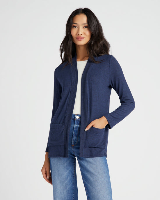 Navy $|& W. by Wantable Brushed Hacci Ribbed Contrast Placket Cardigan - SOF Front