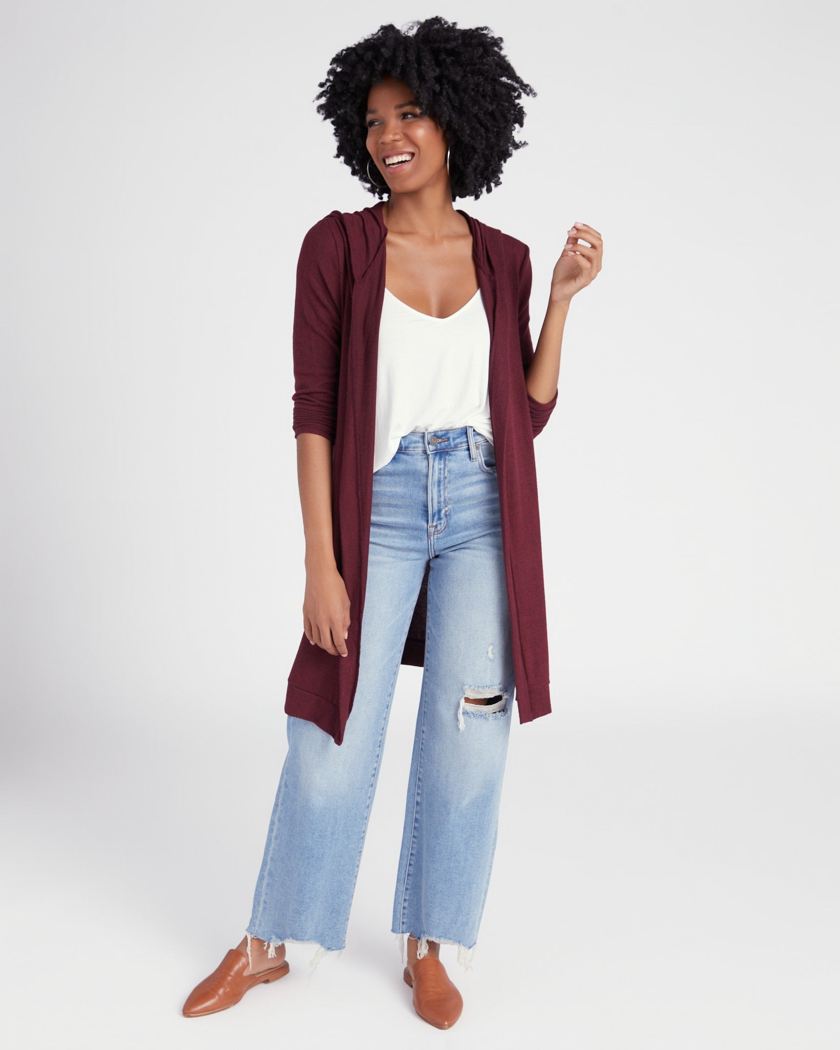 Burgundy $|& W. by Wantable Brushed Hacci Hooded Cardigan - SOF Full Front