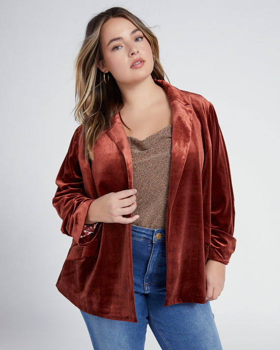 Amber Rust $|& Skies Are Blue Ruched Sleeve Velvet Blazer - SOF Front