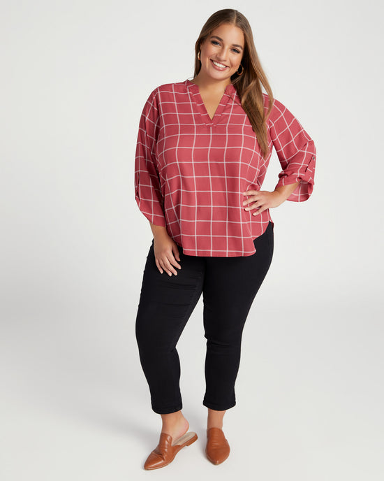 Rose Plaid $|& Lush Printed Roll Tab Sleeve Blouse - SOF Full Front