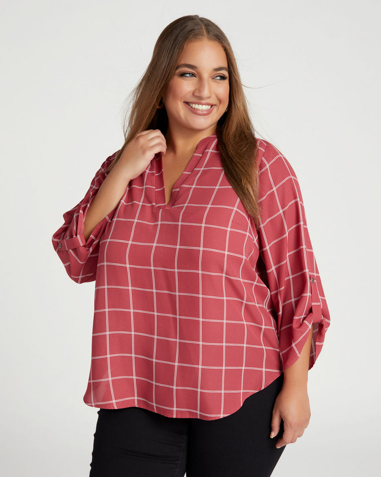 Rose Plaid $|& Lush Printed Roll Tab Sleeve Blouse - SOF Front