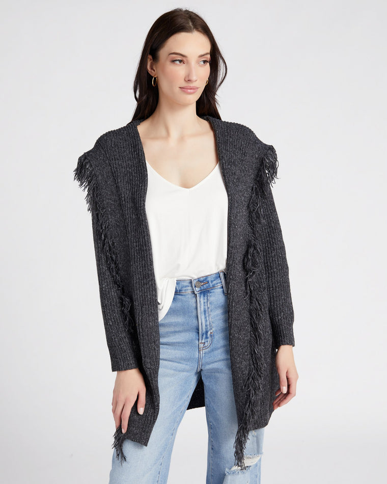 Black Charcoal $|& Cozy CO Hooded Fringe Open Cardigan - SOF Front