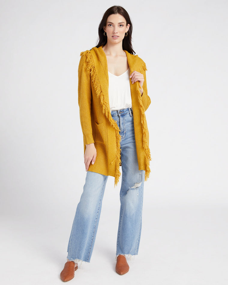 Gold Mustard $|& Cozy CO Hooded Fringe Open Cardigan - SOF Full Front