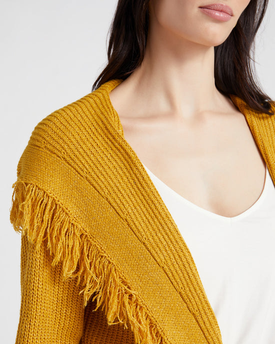 Gold Mustard $|& Cozy CO Hooded Fringe Open Cardigan - SOF Detail