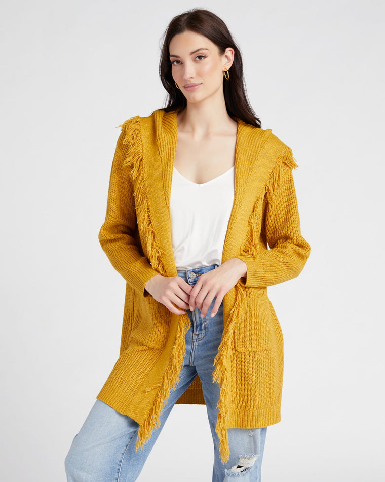Gold Mustard $|& Cozy CO Hooded Fringe Open Cardigan - SOF Front