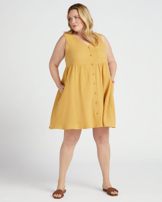 Mustard $|& Cotton Bleu Cotton Gauze Babydoll Dress with Contrast Facing - SOF Front