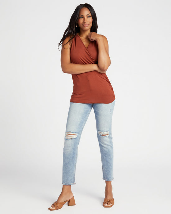Rust $|& Loveappella Solid Wrap Front Sleeveless Top - SOF Full Front