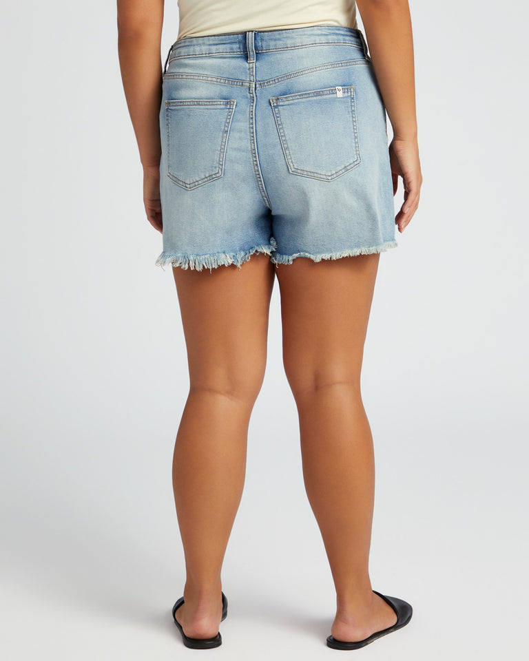High Rise Shorts with Distressing and Frayed Hem