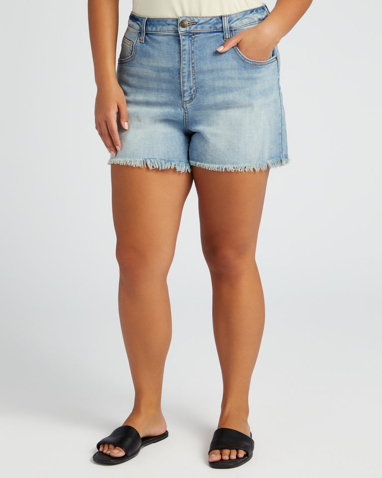 High Rise Shorts with Distressing and Frayed Hem