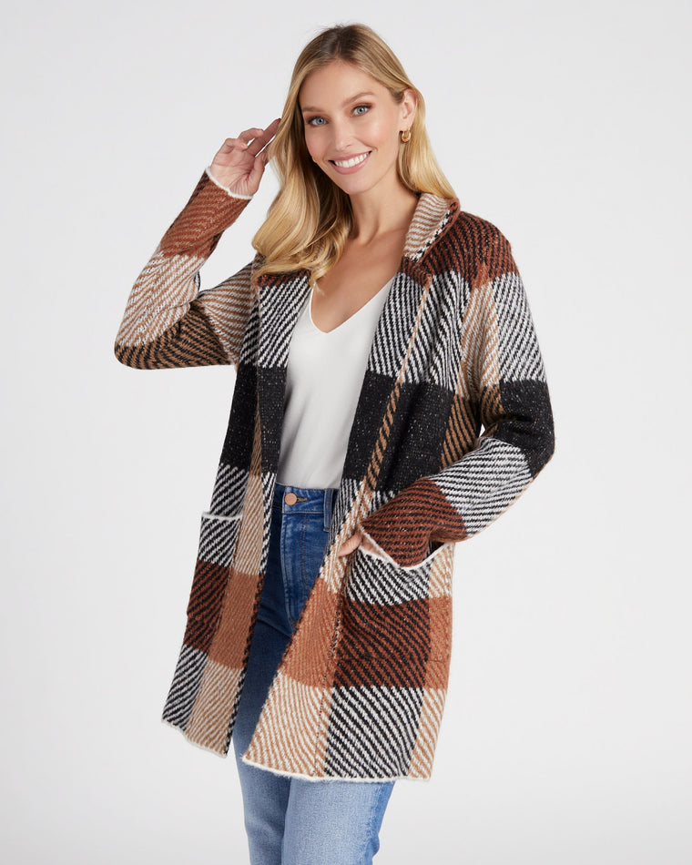 Tan Big Checker $|& OneWorld Sweater Coatigan - SOF Front
