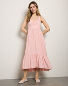Coral-Red-White $|& Skies Are Blue Striped Sweetheart Maxi Dress - SOF Front