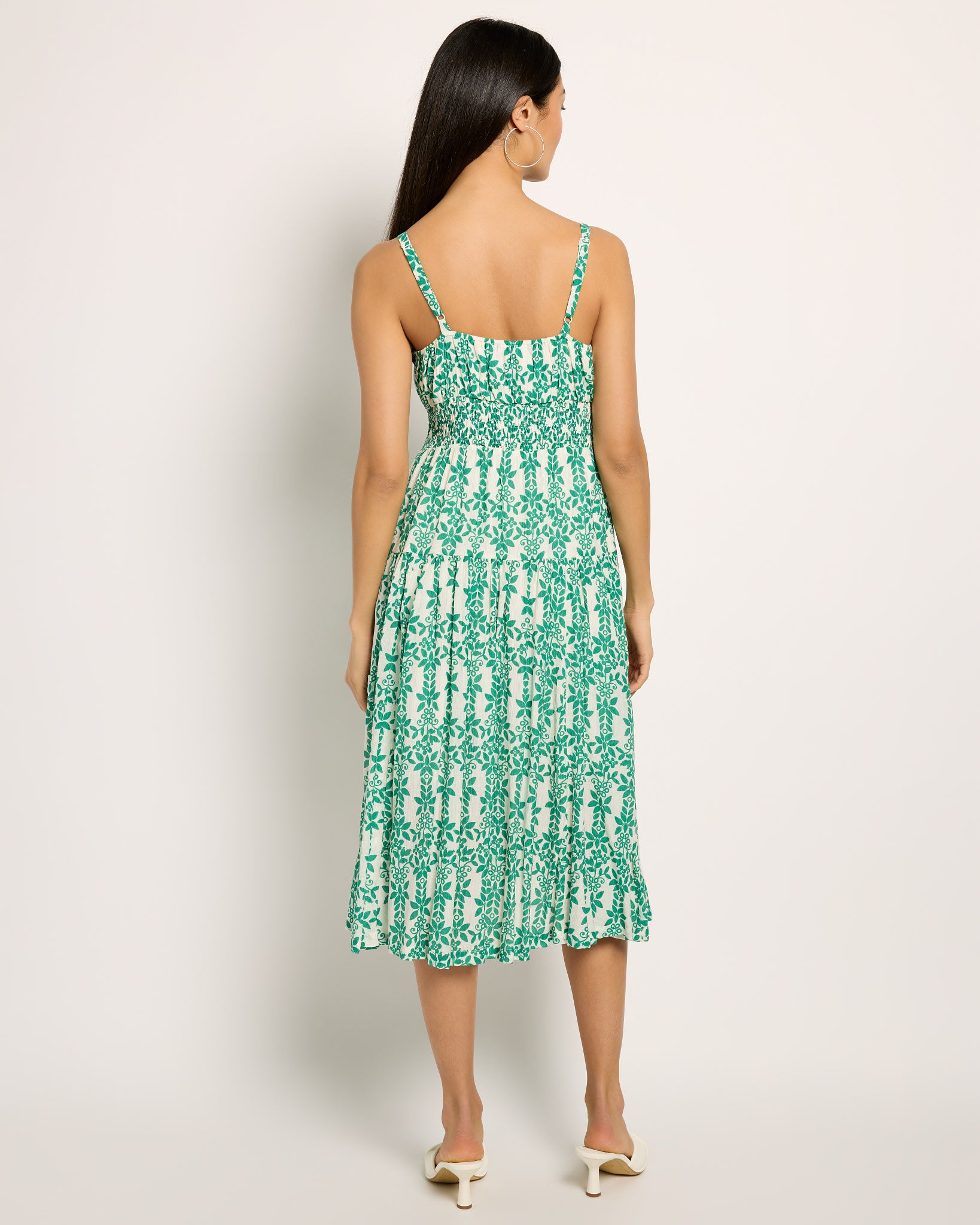 Skies Are Blue Print Midi Dress - Smocked Waist & Adjustable