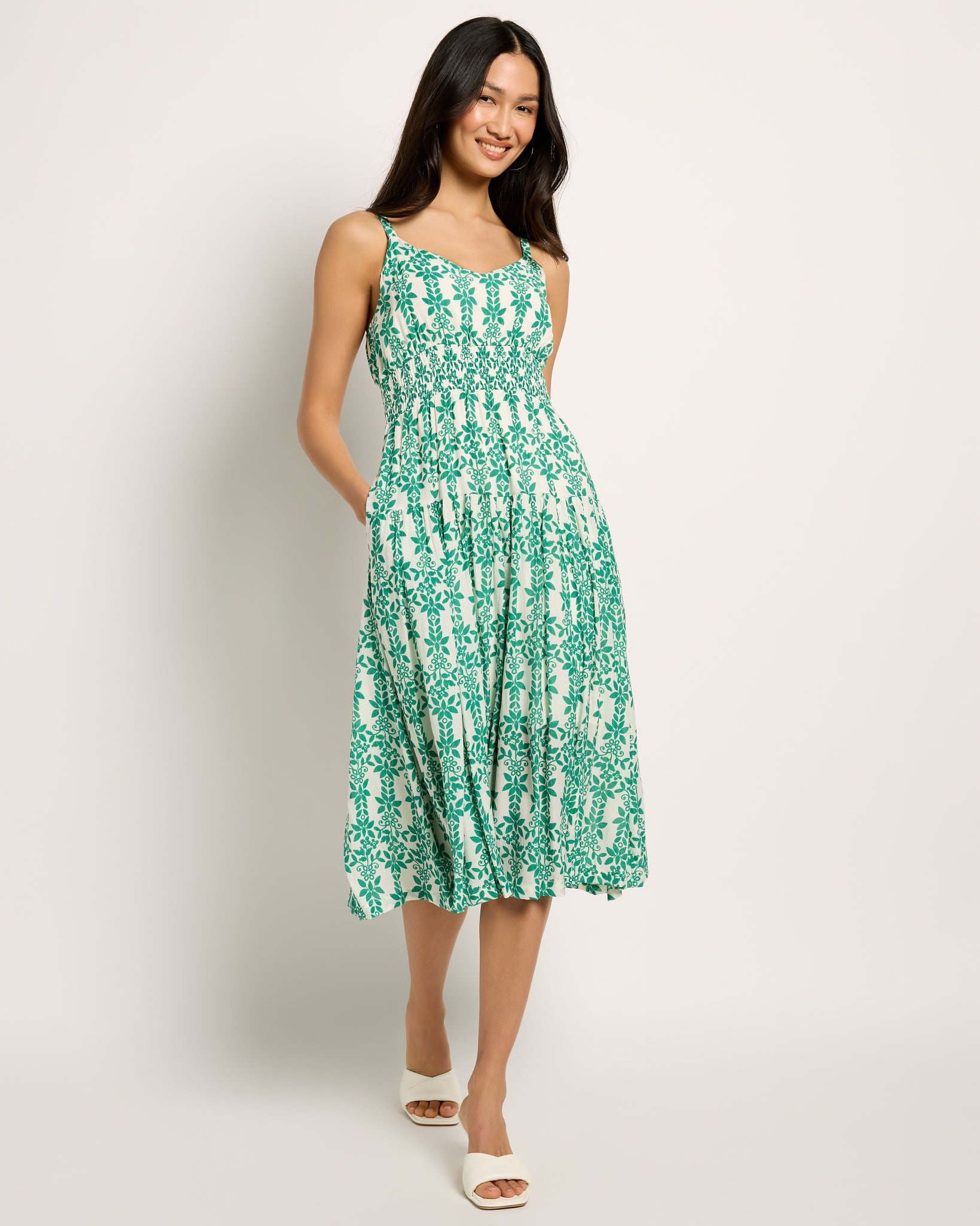 Skies Are Blue Print Midi Dress - Smocked Waist & Adjustable