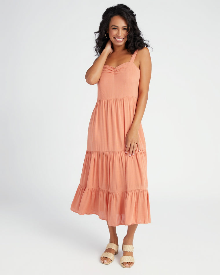 Persimmon $|& Be Cool Solid Tiered Midi Dress with Sweetheart Neck - SOF Front