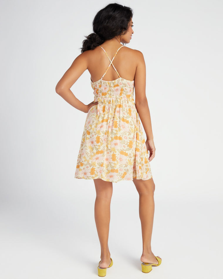 Cream Yellow $|& Be Cool Large Floral Print Mini Dress with Double Elastic - SOF Back
