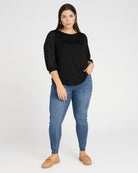 Black $|& West Kei 3/4 Sleeve Knit Body Swiss Dot Sleeve Top - SOF Full Front