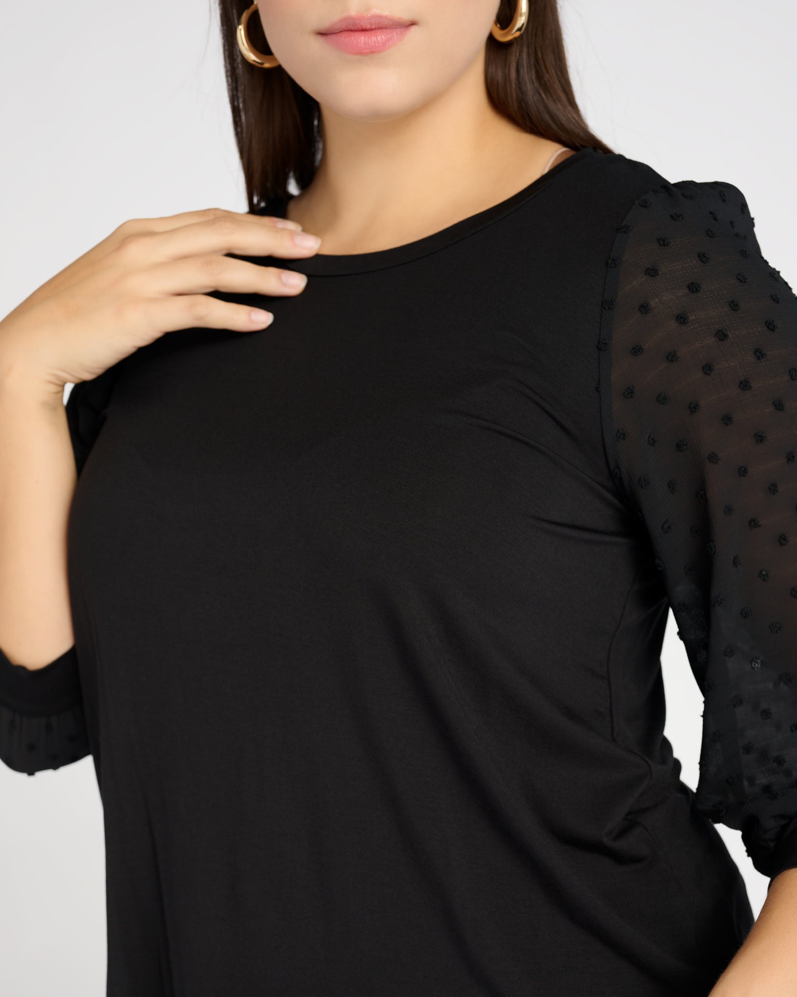 Black $|& West Kei 3/4 Sleeve Knit Body Swiss Dot Sleeve Top - SOF Detail