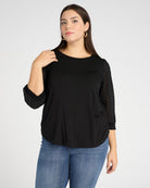 Black $|& West Kei 3/4 Sleeve Knit Body Swiss Dot Sleeve Top - SOF Front
