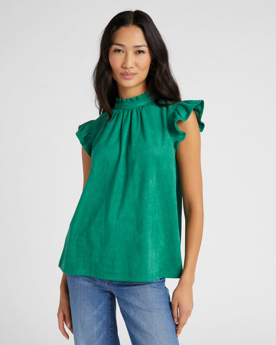 Green $|& VOY Los Angeles Suede Ruffle Sleeve Top - SOF Front