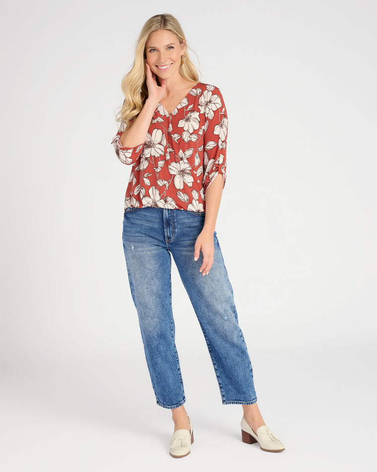 Rust Floral $|& West Kei/Beacon Apparel Floral Roll Tab Knit Blouse - SOF Full Front