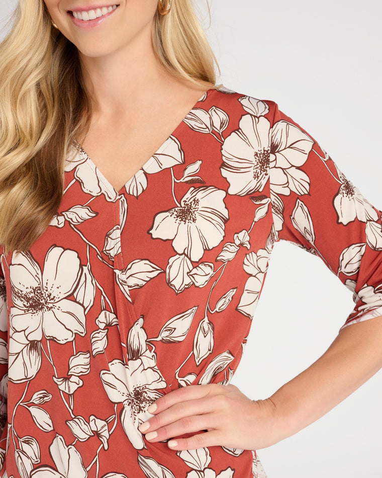 Rust Floral $|& West Kei/Beacon Apparel Floral Roll Tab Knit Blouse - SOF Detail