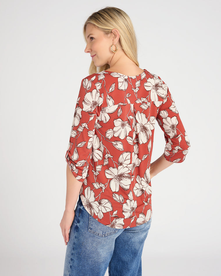 Rust Floral $|& West Kei/Beacon Apparel Floral Roll Tab Knit Blouse - SOF Back