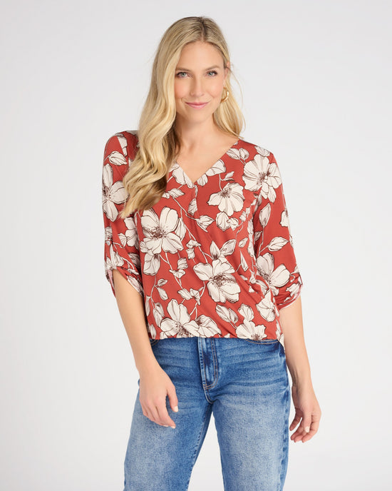 Rust Floral $|& West Kei/Beacon Apparel Floral Roll Tab Knit Blouse - SOF Front