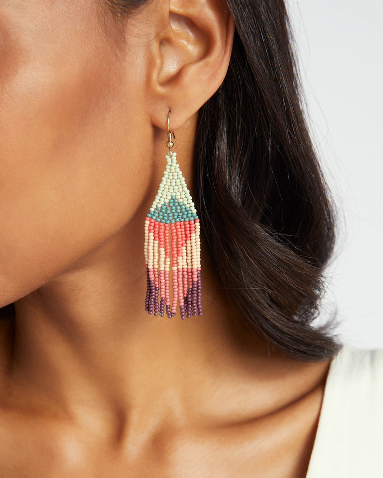 Pink/Teal $|& Ink + Alloy Colorblock Triangle Fringe Earrings - SOF Front