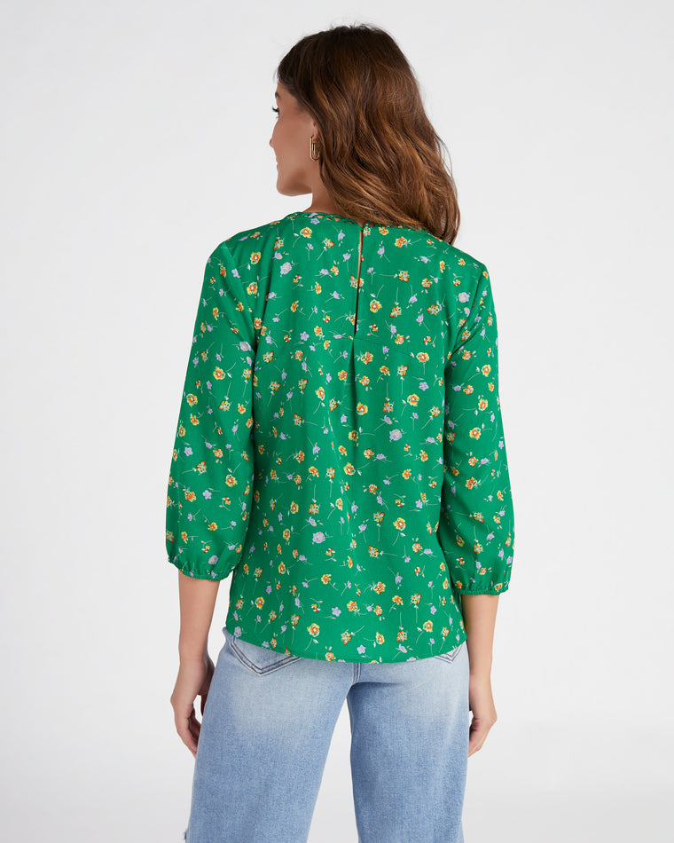 Green $|& Skies Are Blue 3/4 Sleeve V-Neck Floral Woven Top - SOF Back