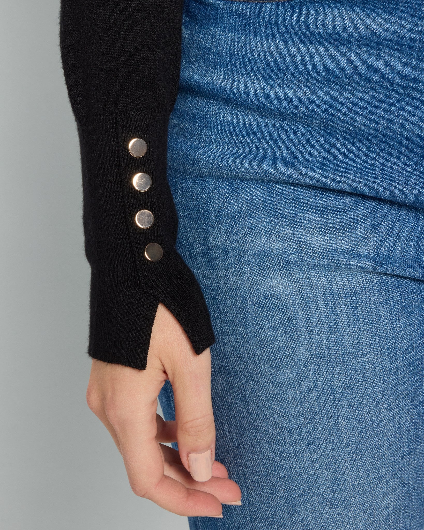Black $|& Skies Are Blue Mock Neck Sweater with Button Detail - SOF Full Front
