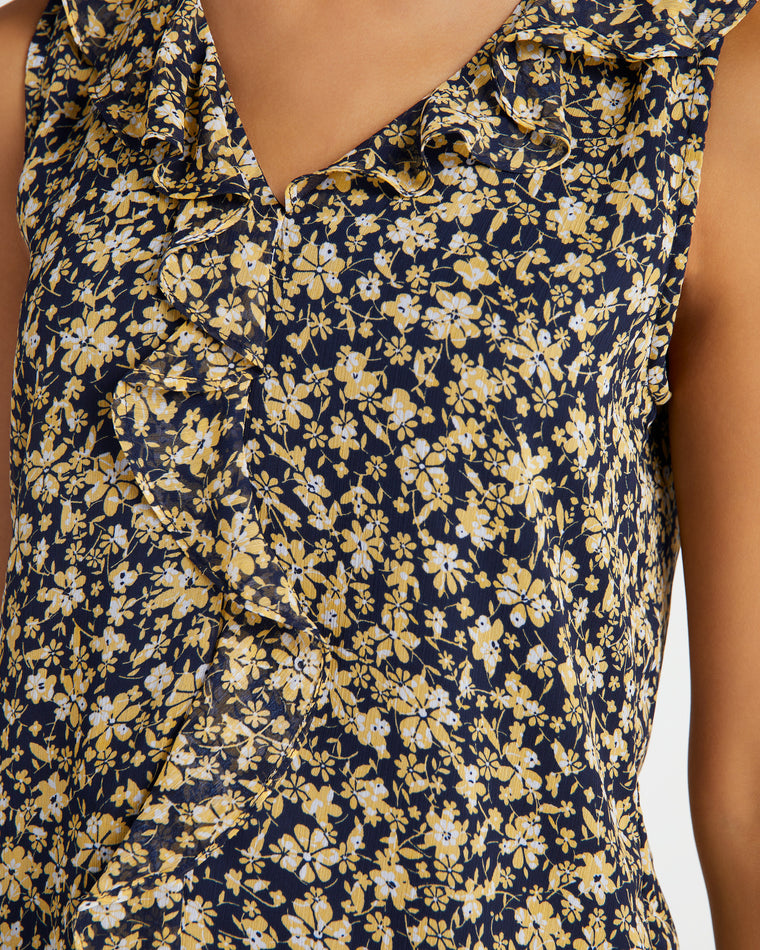 Classic Navy $|& Vince Camuto V-Neck Ruffle Front Floral Blouse - SOF Detail