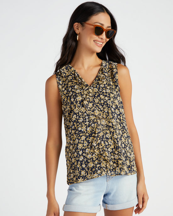 Classic Navy $|& Vince Camuto V-Neck Ruffle Front Floral Blouse - SOF Front